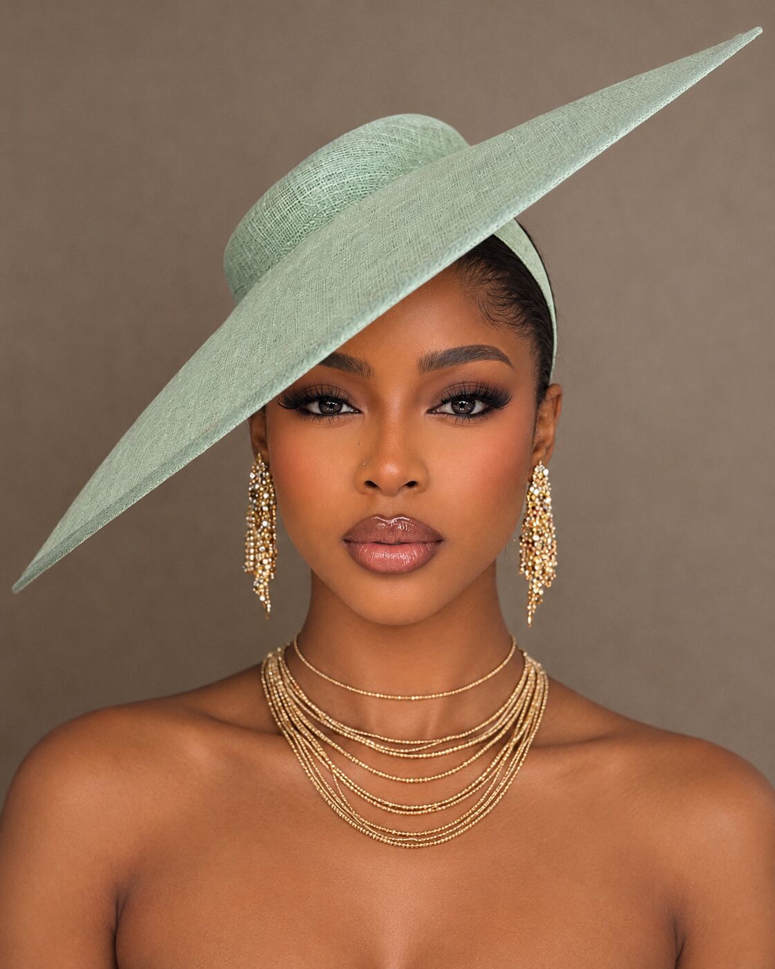 Jazz in a sage wide-brim hat and gold jewellery, an AI-created portrait